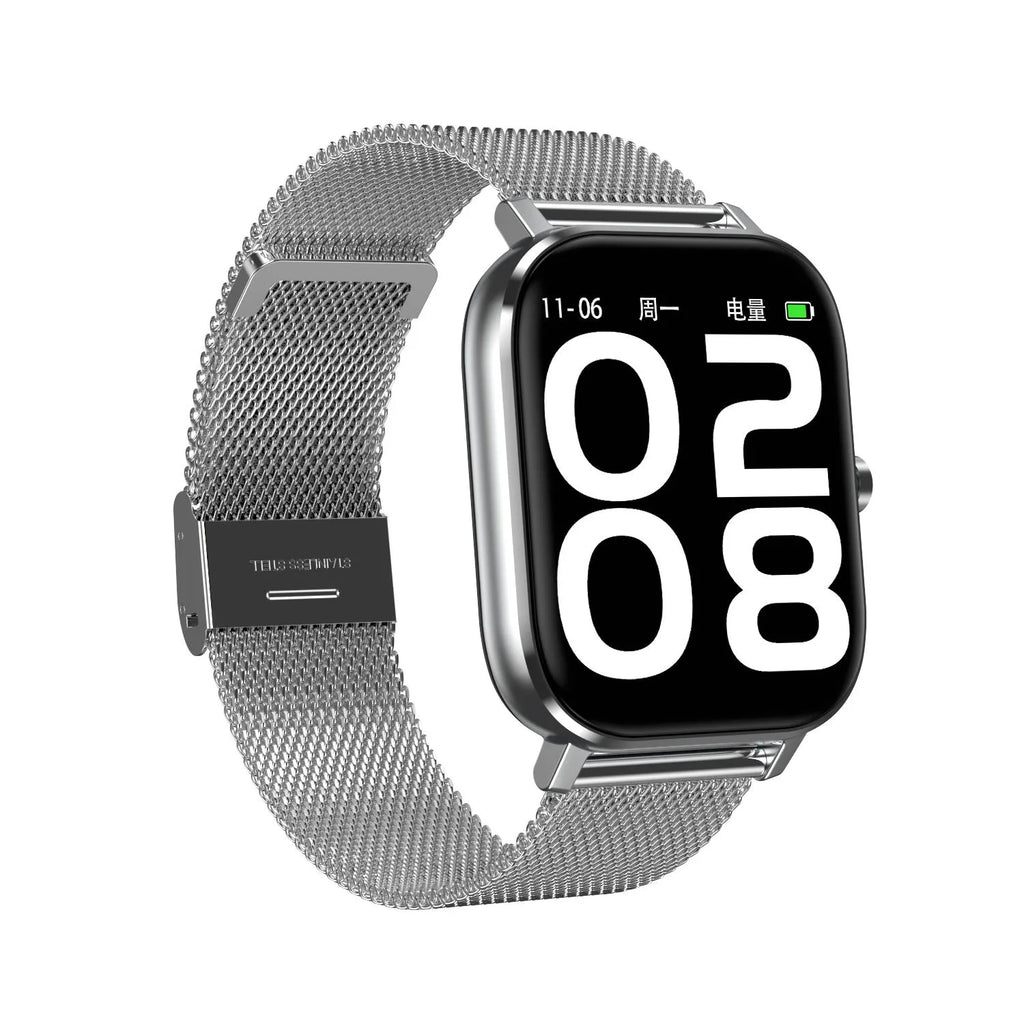 Smart bracelet on wrist showing heart rate and ECG data on its 1.54-inch screen with a silicone strap.
