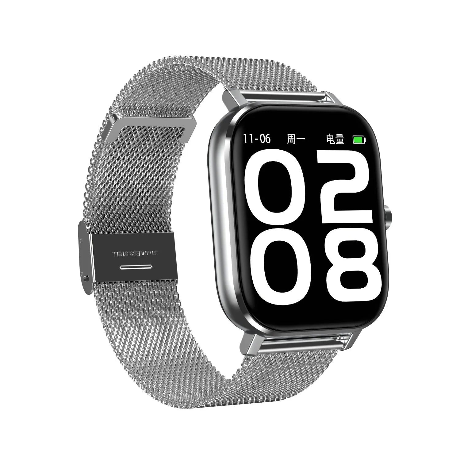 Smart bracelet on wrist showing heart rate and ECG data on its 1.54-inch screen with a silicone strap.
