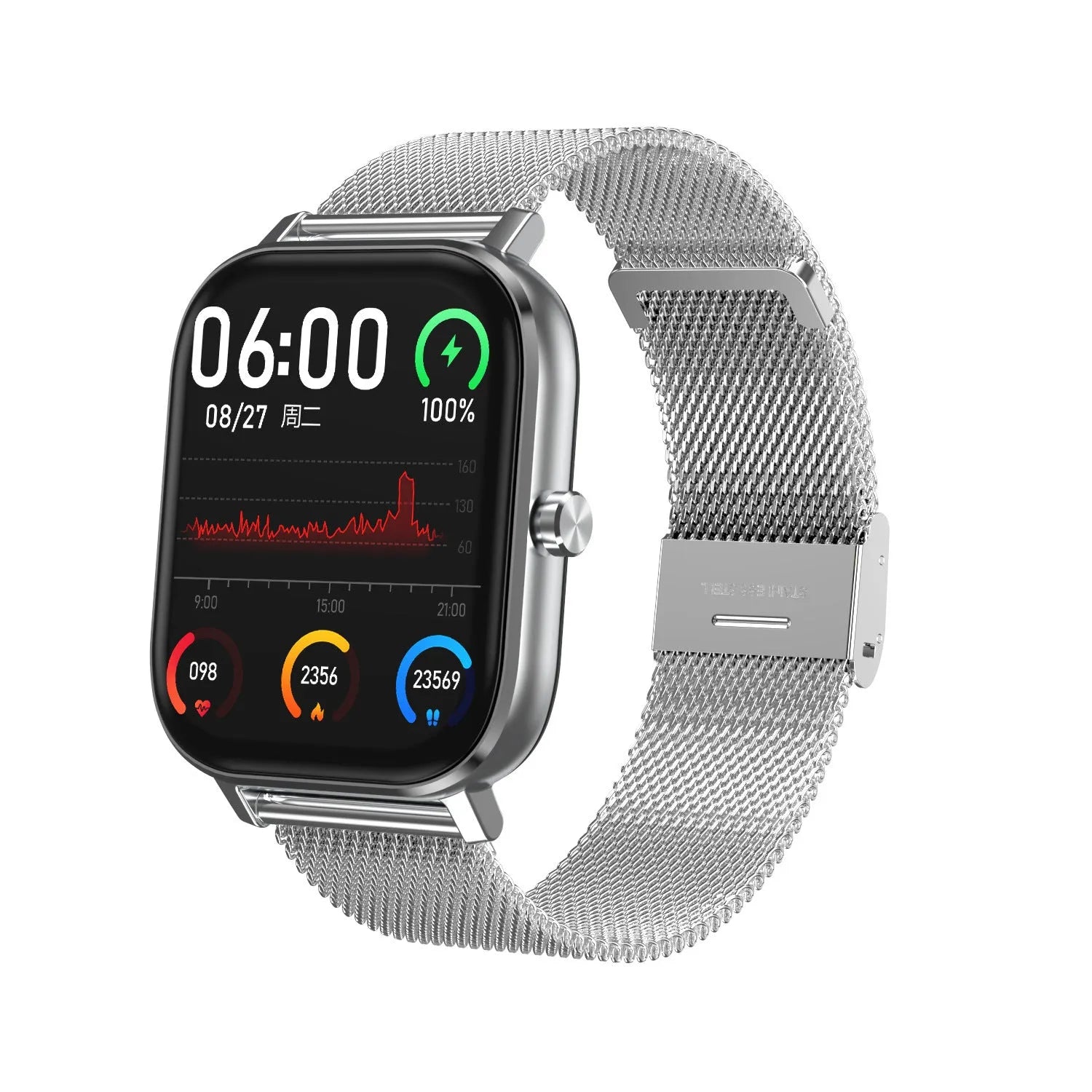 Smart bracelet on wrist showing heart rate and ECG data on its 1.54-inch screen with a silicone strap.