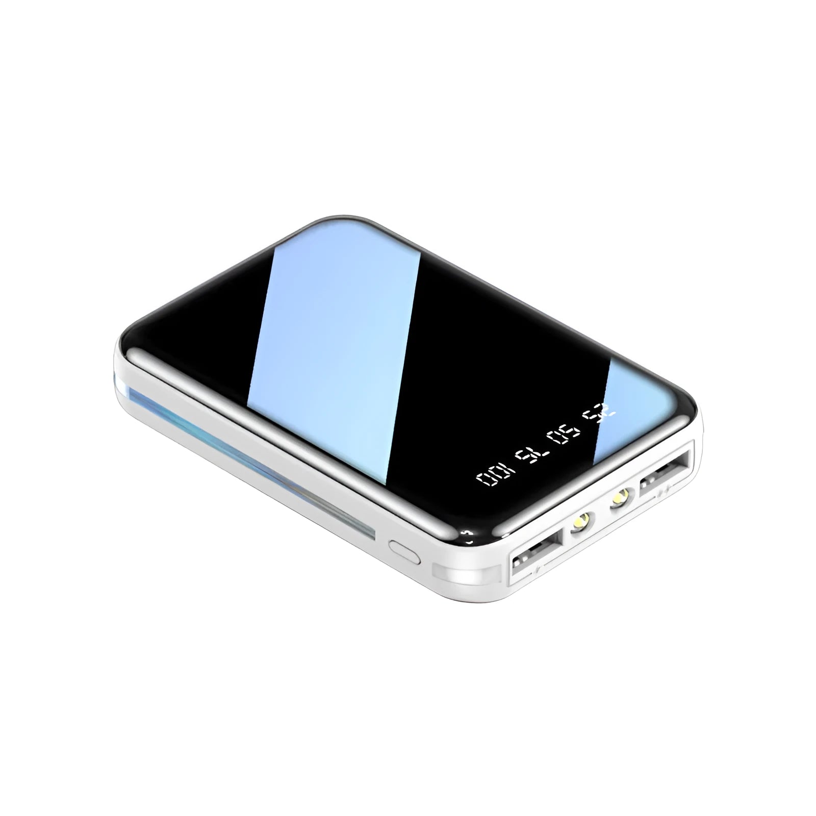 Power bank with digital display showing battery percentage, dual USB ports, available in multiple colours