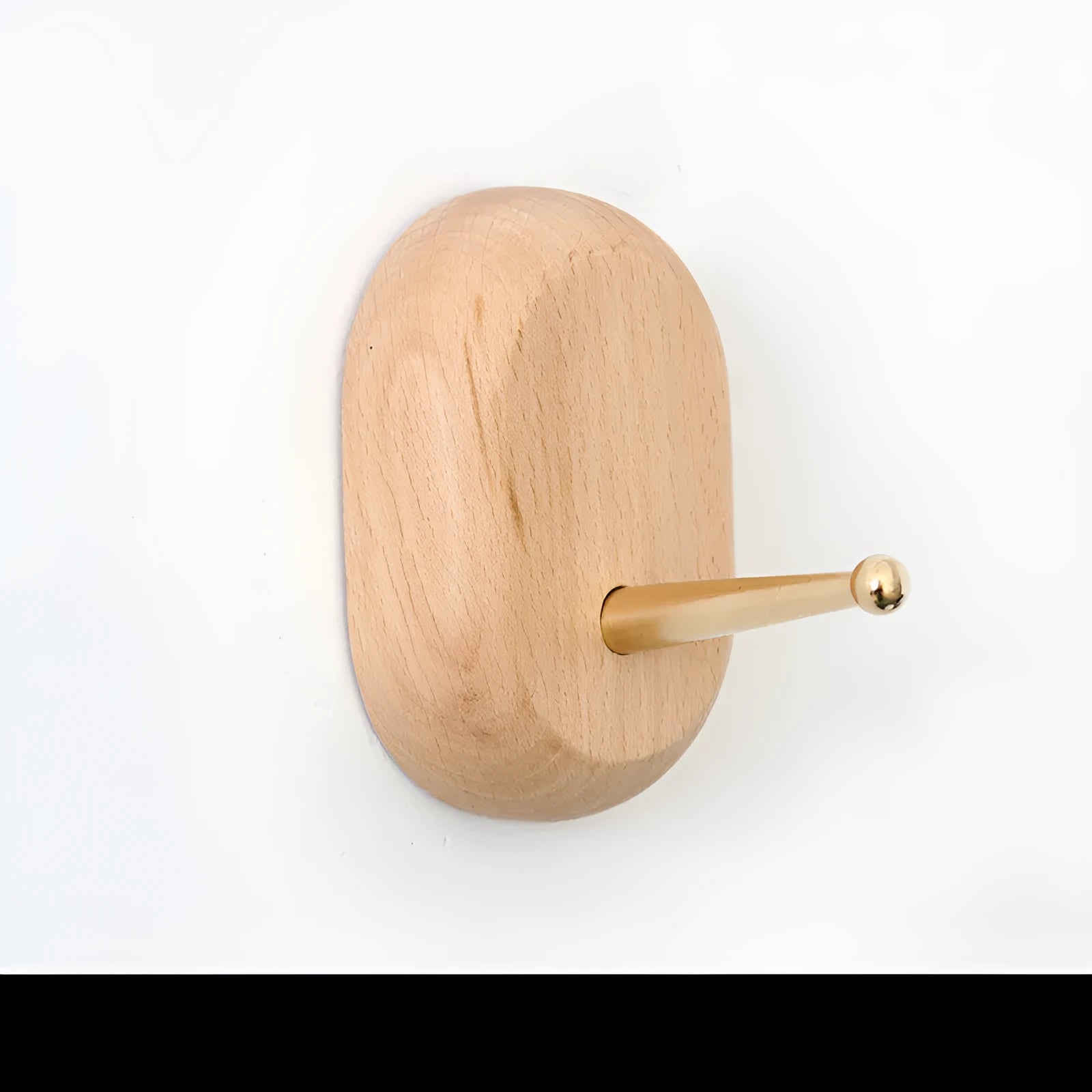Solid beech wood and brass adhesive wall hook showing five shape options: round, capsule, oval, diamond, and square.
