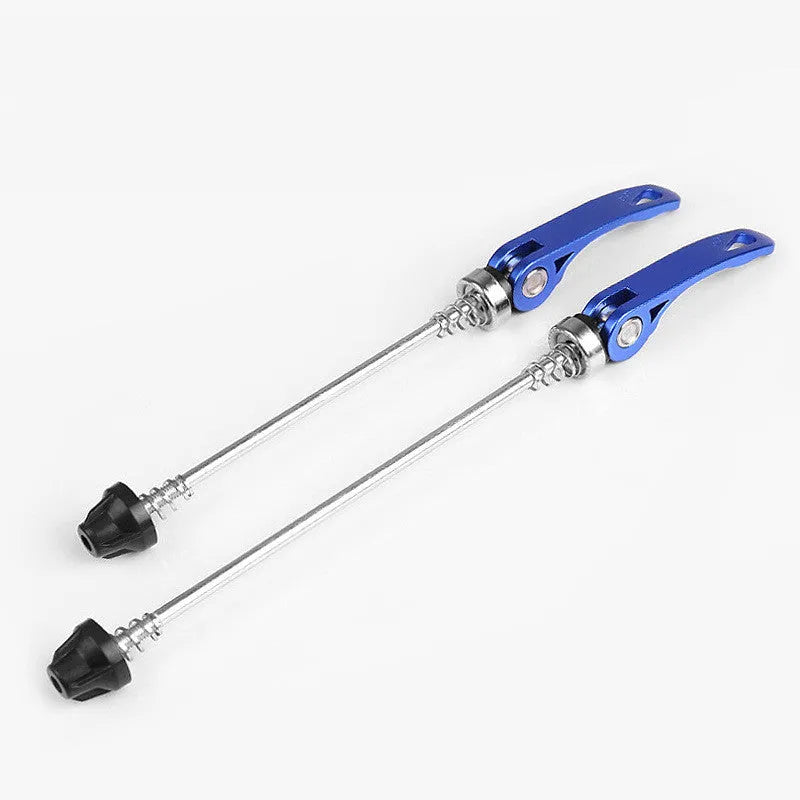 Bicycle quick release lever in aluminium alloy and galvanised iron, shown in multiple colour options.