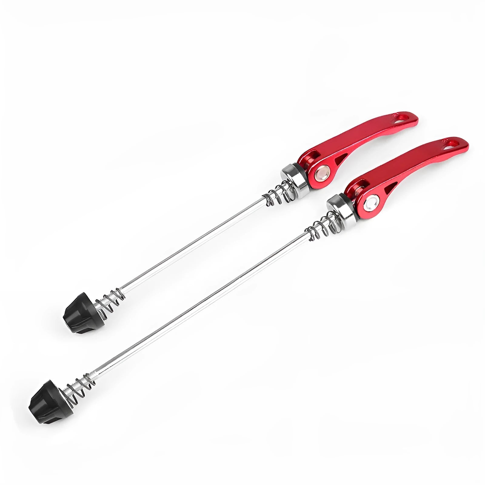 Bicycle quick release lever in aluminium alloy and galvanised iron, shown in multiple colour options.