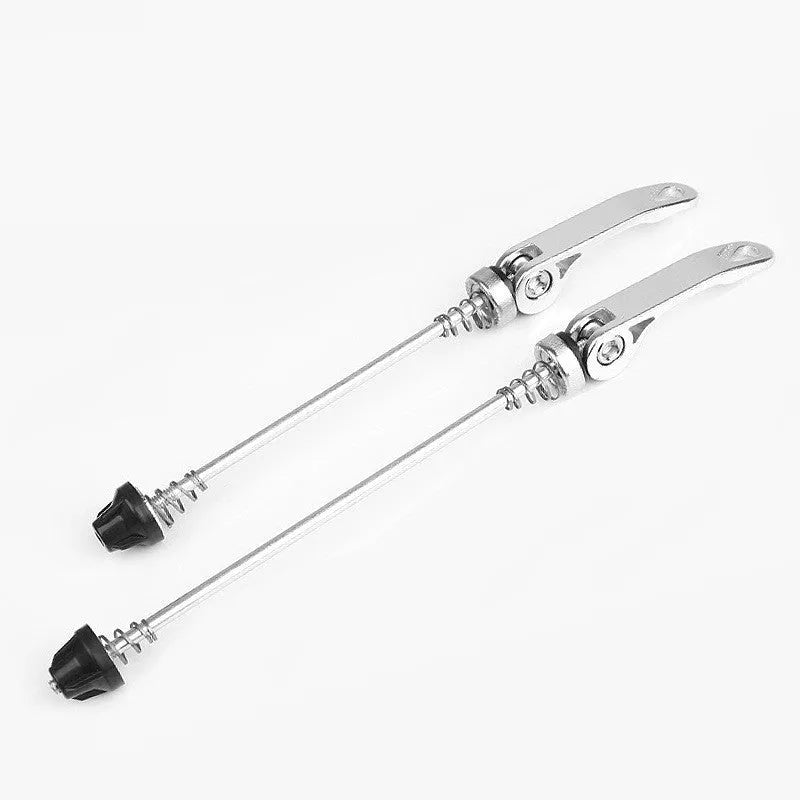 Bicycle quick release lever in aluminium alloy and galvanised iron, shown in multiple colour options.