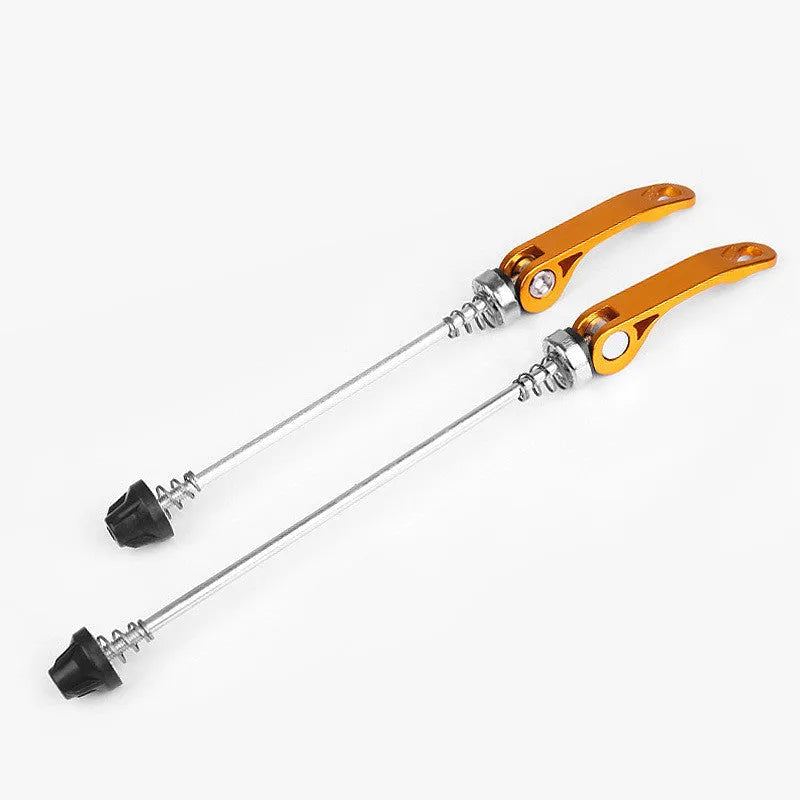 Bicycle quick release lever in aluminium alloy and galvanised iron, shown in multiple colour options.