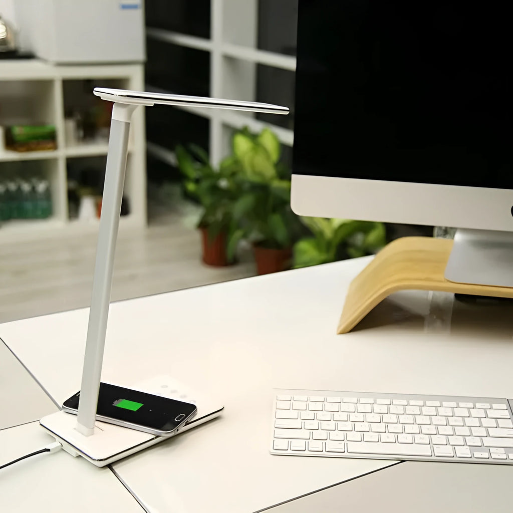 Black wireless charging desk lamp with touch controls and USB power connectivity