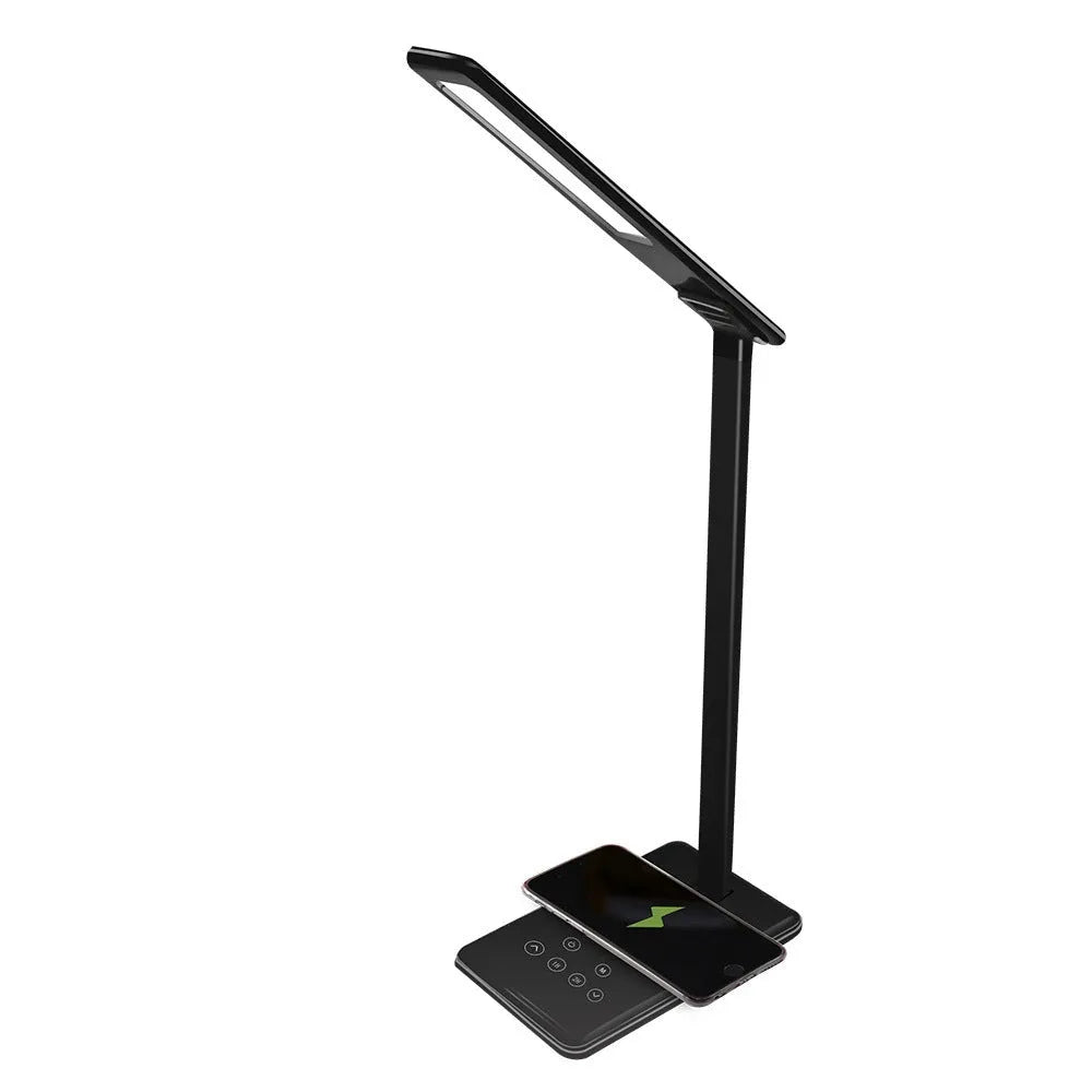 Black wireless charging desk lamp with touch controls and USB power connectivity