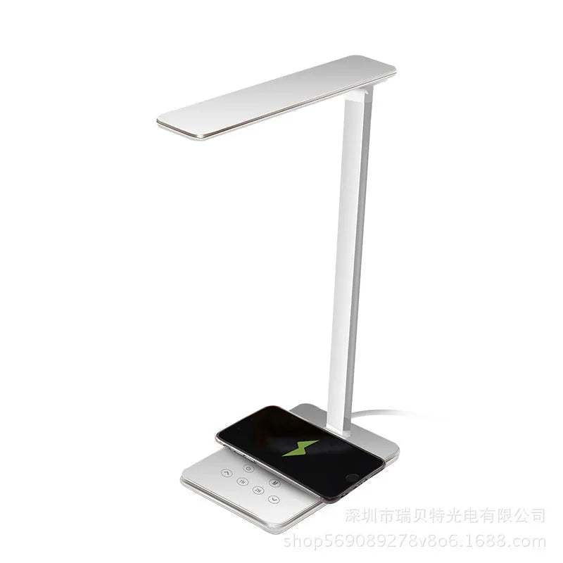 Black wireless charging desk lamp with touch controls and USB power connectivity