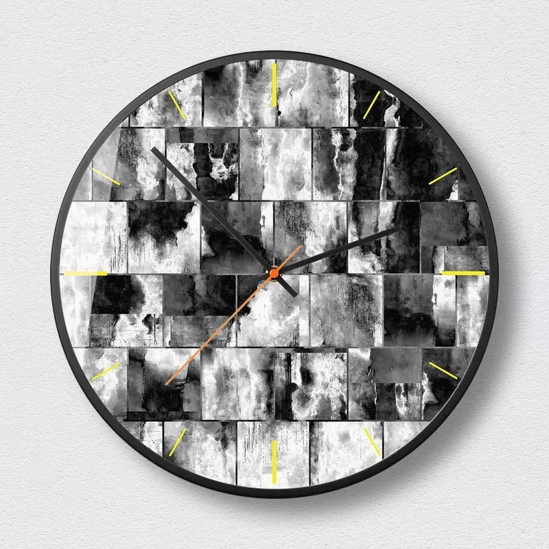 Round abstract art wall clock in Mysterious Black with metal shell and sweep movement hands for living room or office decoration