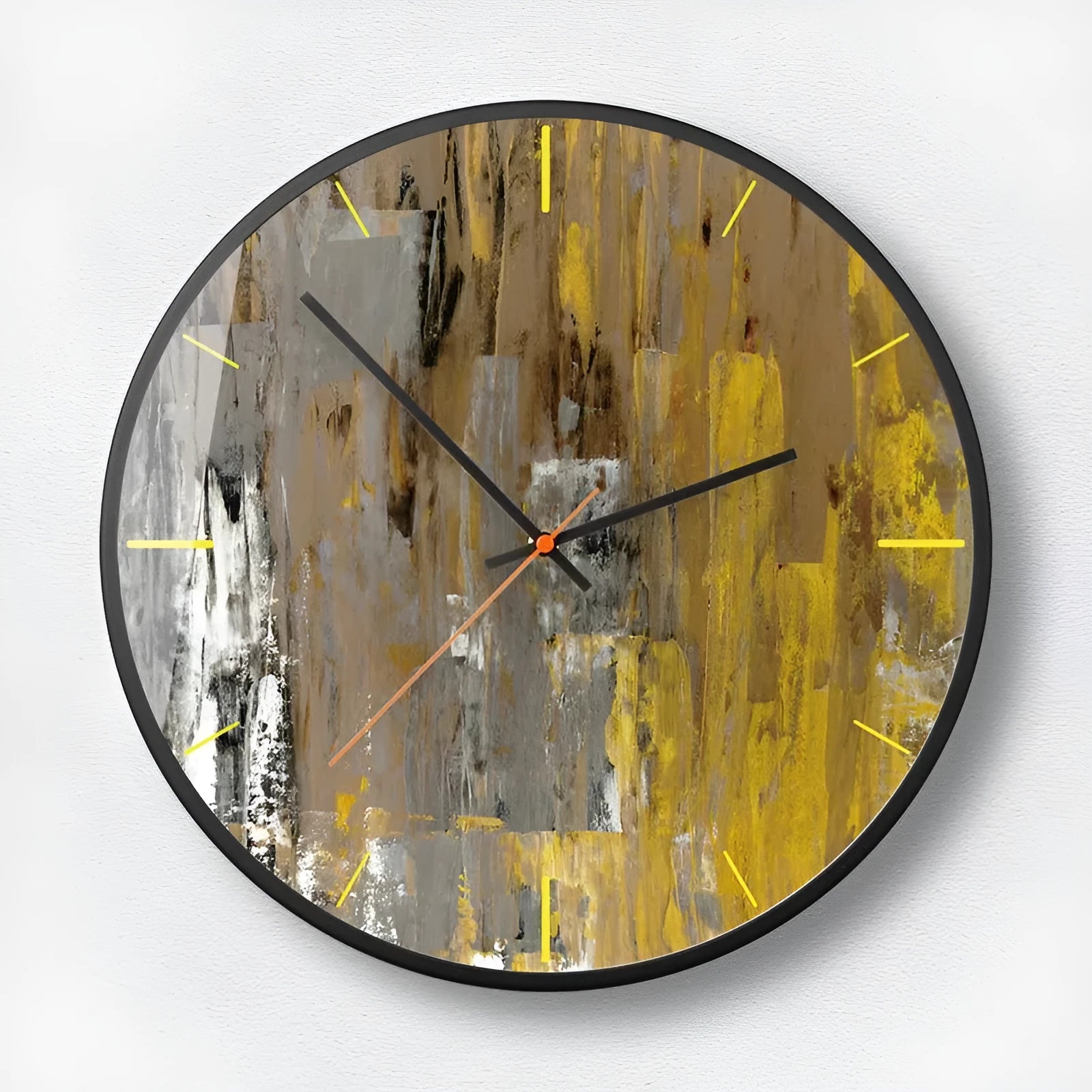 Round abstract art wall clock in Mysterious Black with metal shell and sweep movement hands for living room or office decoration