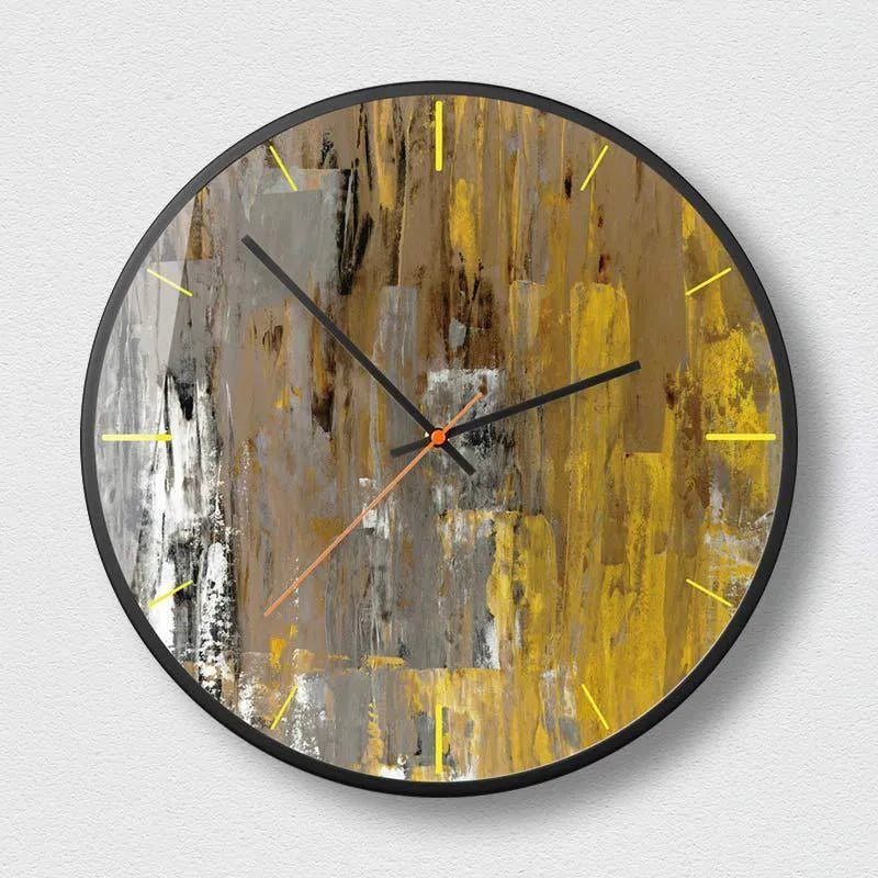 Round abstract art wall clock in Mysterious Black with metal shell and sweep movement hands for living room or office decoration