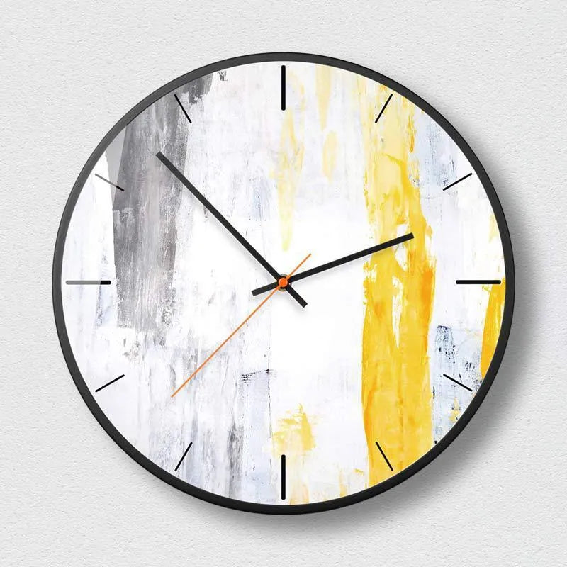 Round abstract art wall clock in Mysterious Black with metal shell and sweep movement hands for living room or office decoration