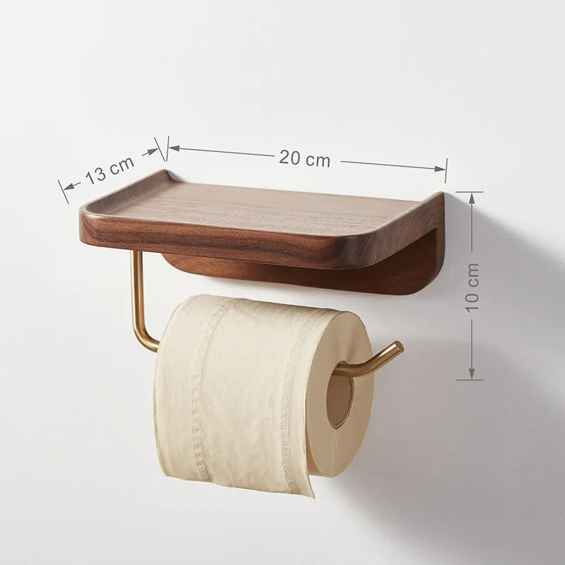Solid walnut wood wall mounted paper towel holder with brass details