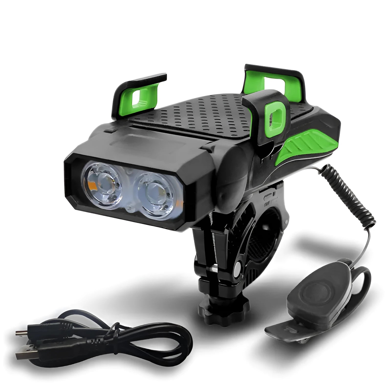 Rechargeable waterproof bicycle light in multiple colours mounted on bicycle handlebars