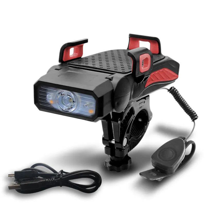 Rechargeable waterproof bicycle light in multiple colours mounted on bicycle handlebars