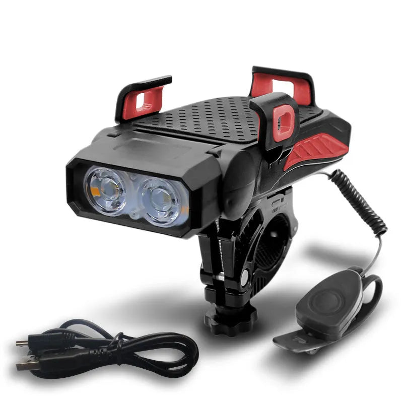 Rechargeable waterproof bicycle light in multiple colours mounted on bicycle handlebars