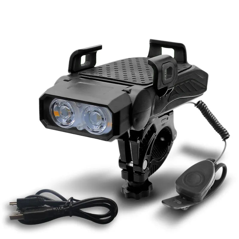 Rechargeable waterproof bicycle light in multiple colours mounted on bicycle handlebars