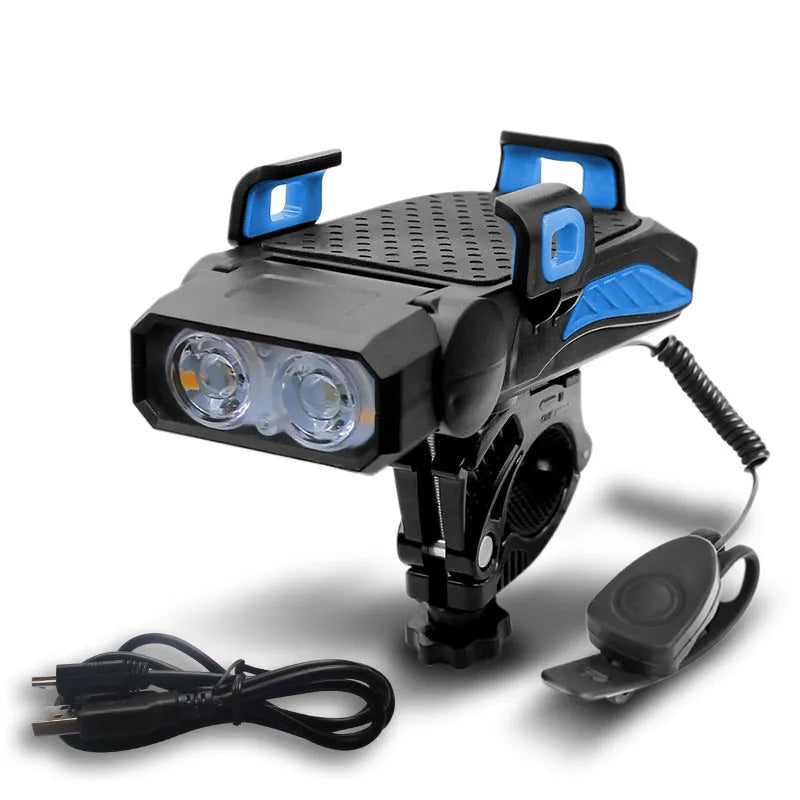 Rechargeable waterproof bicycle light in multiple colours mounted on bicycle handlebars