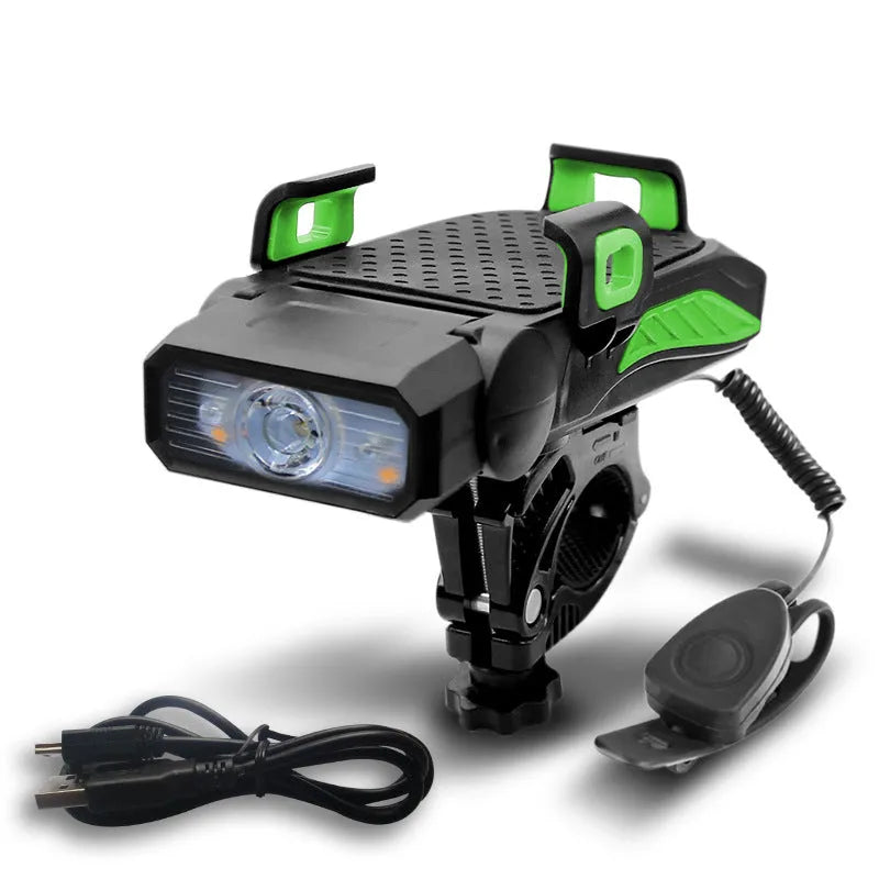 Rechargeable waterproof bicycle light in multiple colours mounted on bicycle handlebars
