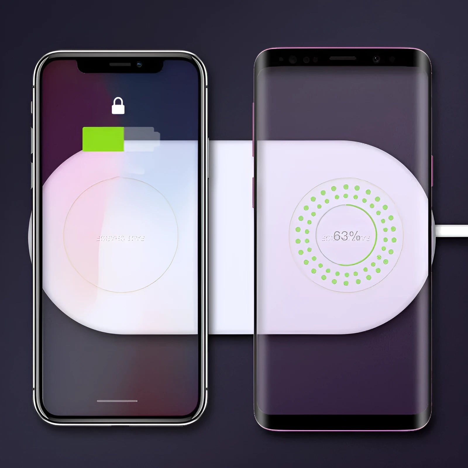 White dual wireless charger charging two mobile phones side-by-side.