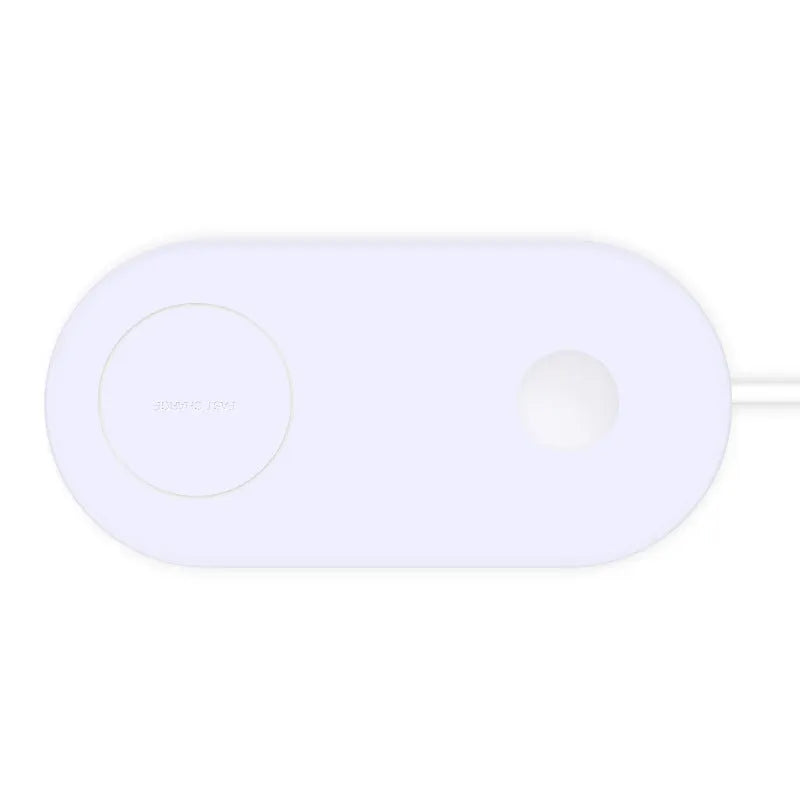 White dual wireless charger charging two mobile phones side-by-side.