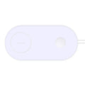 White dual wireless charger charging two mobile phones side-by-side.