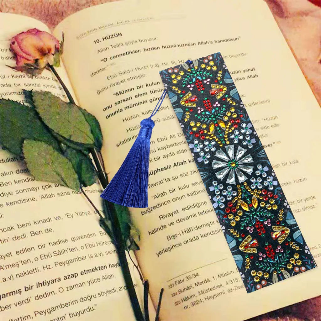 Handmade leather bookmark with special-shaped diamond mandala flower embroidery design.