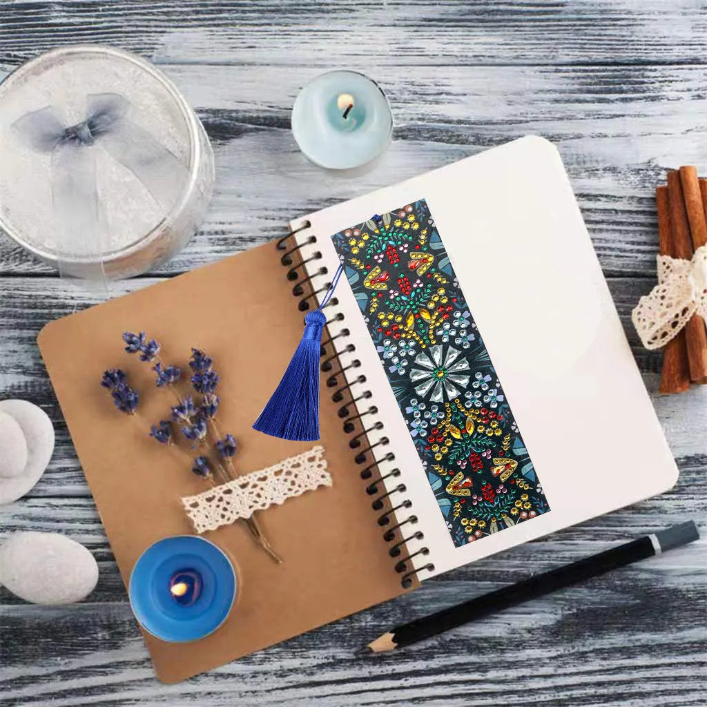Handmade leather bookmark with special-shaped diamond mandala flower embroidery design.