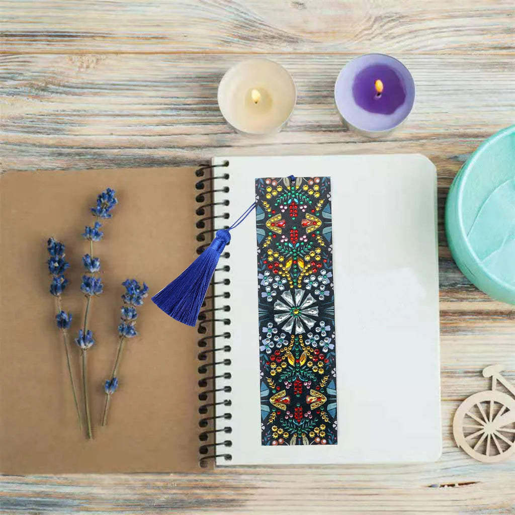 Handmade leather bookmark with special-shaped diamond mandala flower embroidery design.