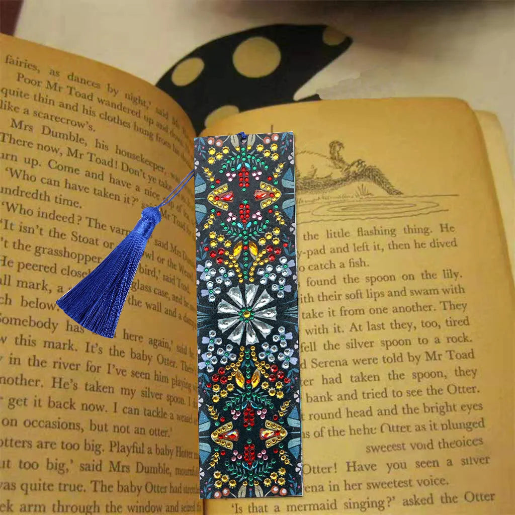 Handmade leather bookmark with special-shaped diamond mandala flower embroidery design.