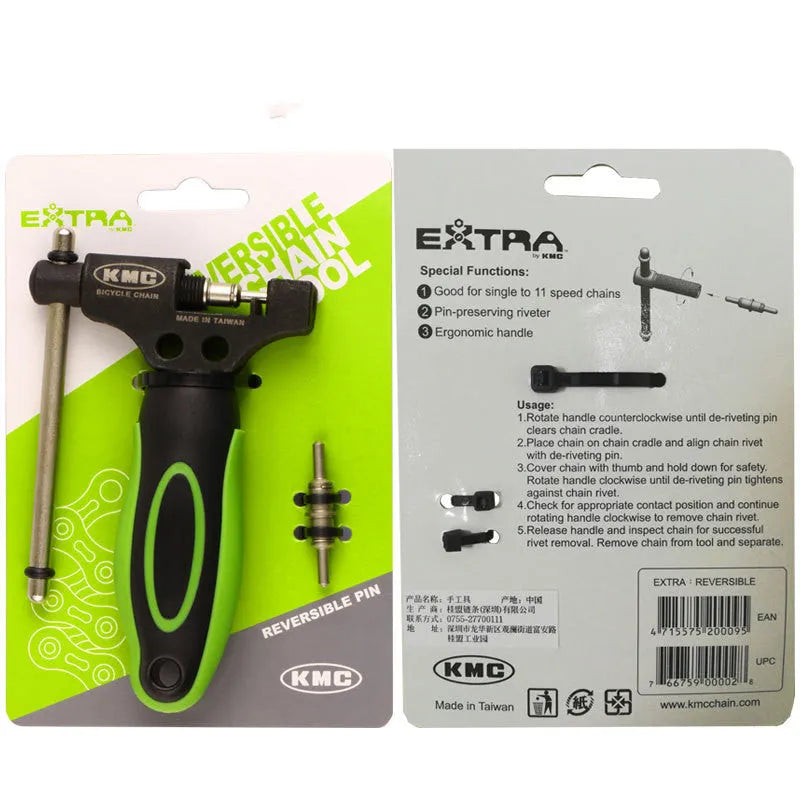 Green steel bicycle chain repair tool with double shaft chaining mechanism on a white background.