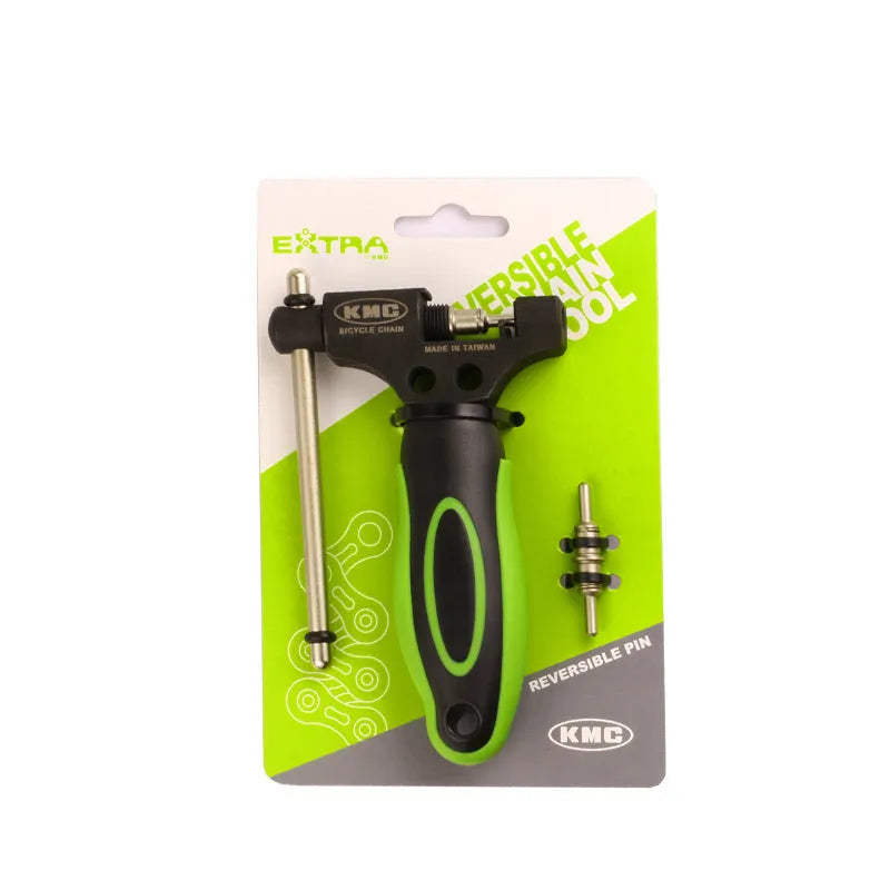Green steel bicycle chain repair tool with double shaft chaining mechanism on a white background.