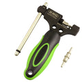 Green steel bicycle chain repair tool with double shaft chaining mechanism on a white background.