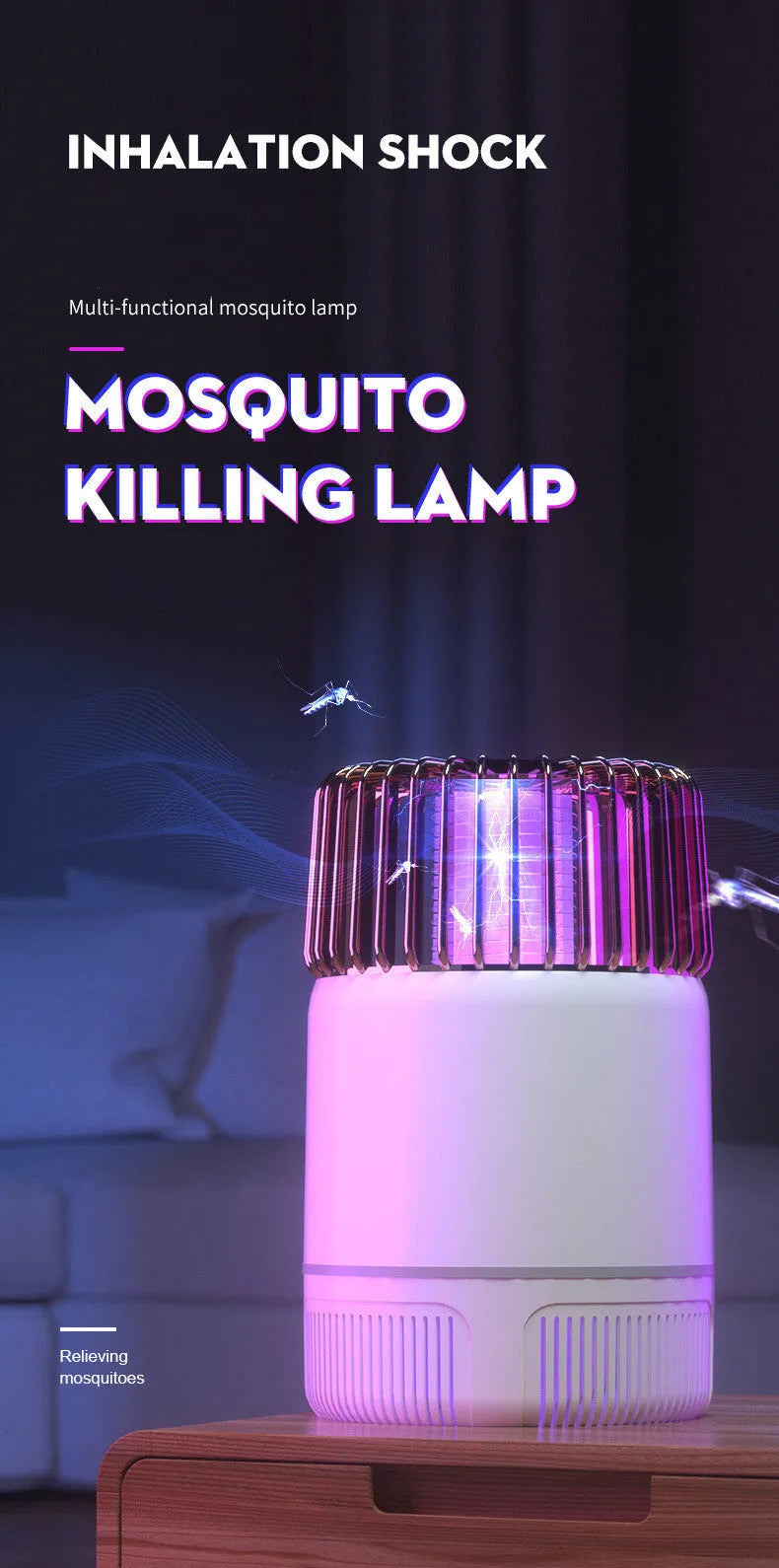 Electric mosquito killer lamp in black with USB power cord, photocatalyst technology, and LED trap light, 12x12x19.5cm