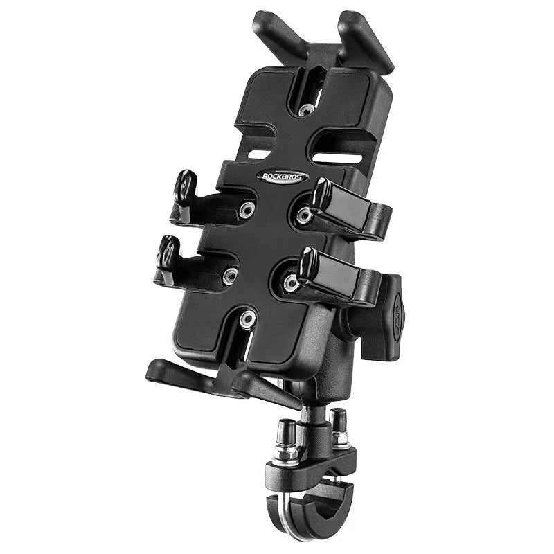Black nylon phone mounting bracket attached to motorcycle handlebar for navigation viewing