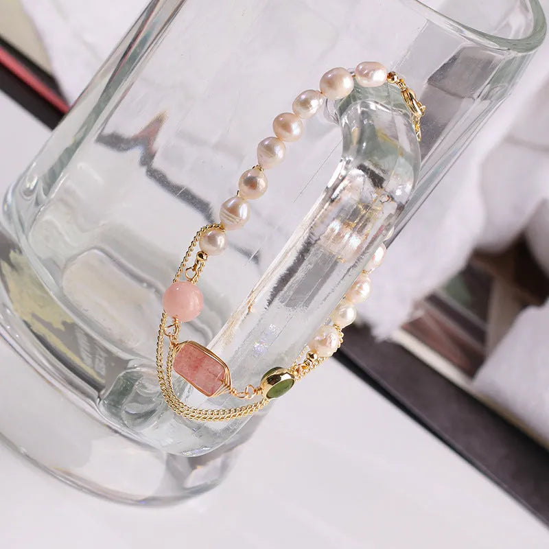 Women's pink freshwater pearl bracelet with geometric strawberry crystal charms