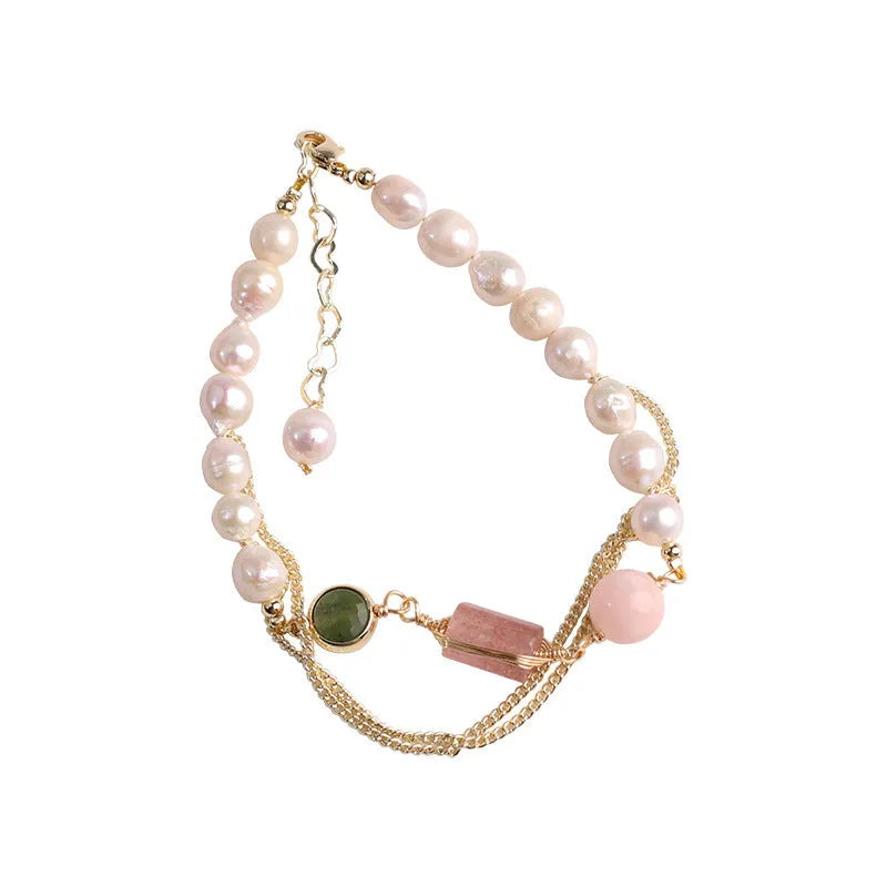 Women's pink freshwater pearl bracelet with geometric strawberry crystal charms