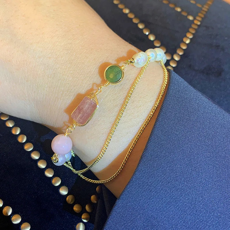 Women's pink freshwater pearl bracelet with geometric strawberry crystal charms