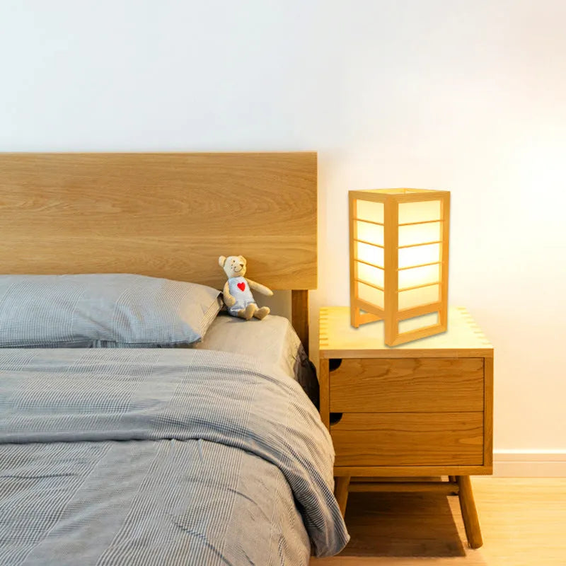 Solid bamboo wood Korean-style bedside lamp with simple design and push-button light control