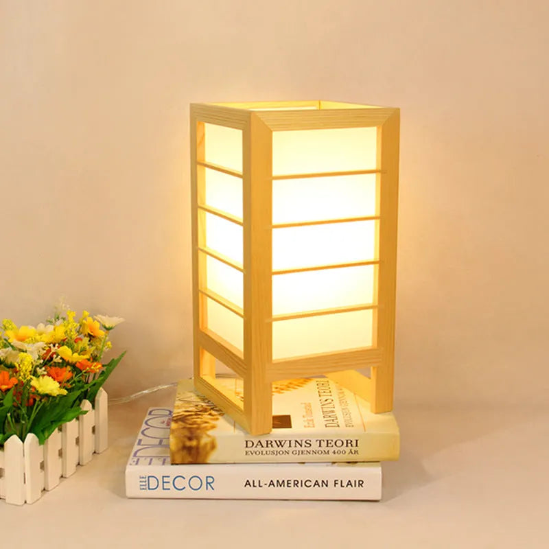 Solid bamboo wood Korean-style bedside lamp with simple design and push-button light control