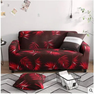 Geometric patterned stretch sofa slipcover fitted on a modern two-seater sofa.