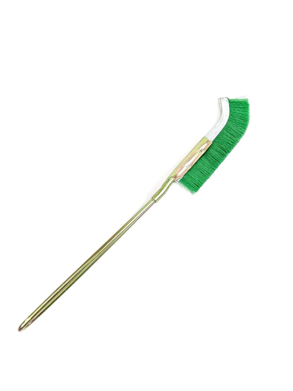 Green metal elbow-shaped nylon wire brush for cleaning rust on range hoods and small irons.