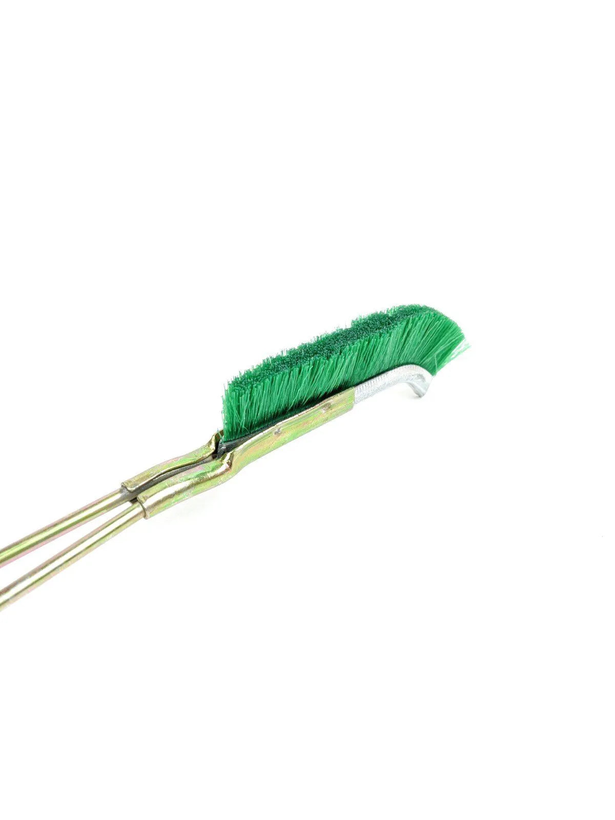 Green metal elbow-shaped nylon wire brush for cleaning rust on range hoods and small irons.
