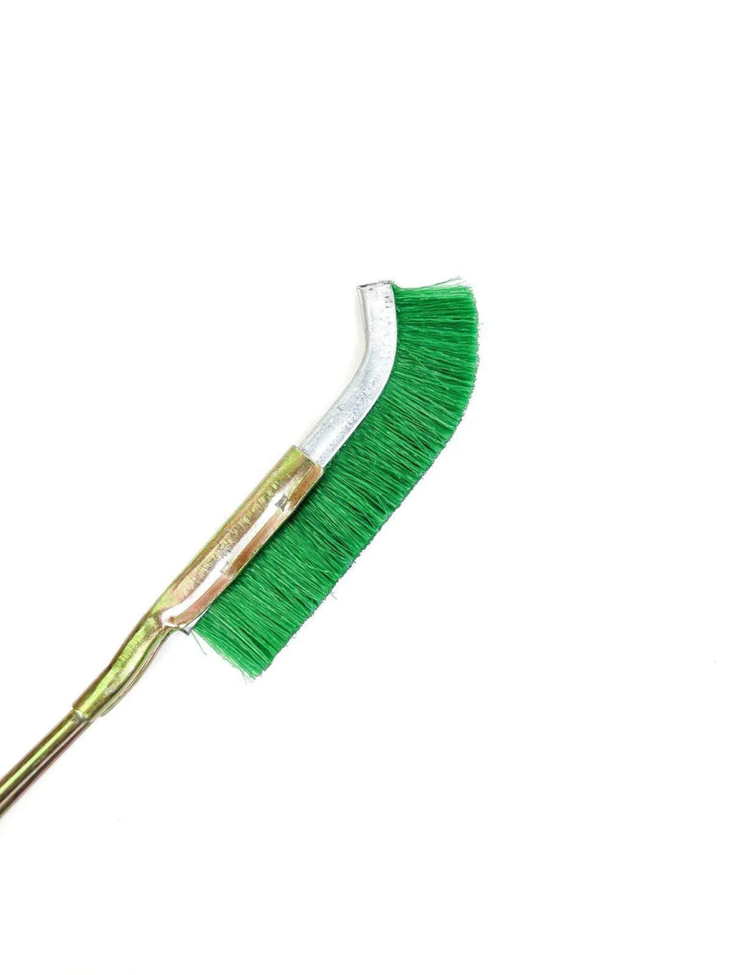 Green metal elbow-shaped nylon wire brush for cleaning rust on range hoods and small irons.
