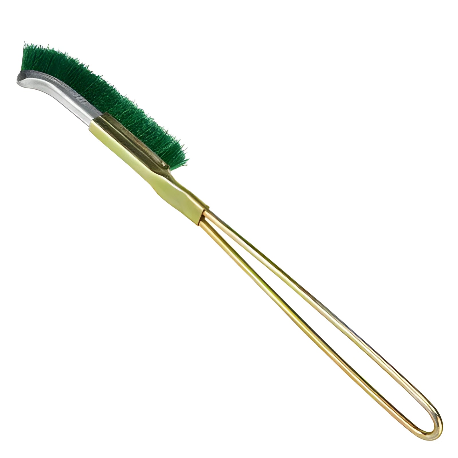 Green metal elbow-shaped nylon wire brush for cleaning rust on range hoods and small irons.