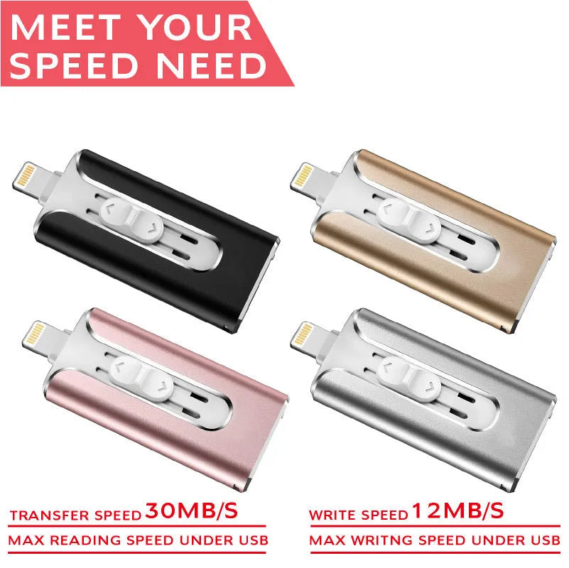 Metal USB flash drive with both USB and Lightning connectors for Android computer iPhone compatibility