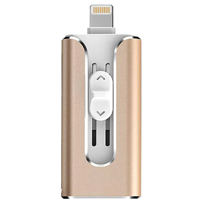 Metal USB flash drive with both USB and Lightning connectors for Android computer iPhone compatibility