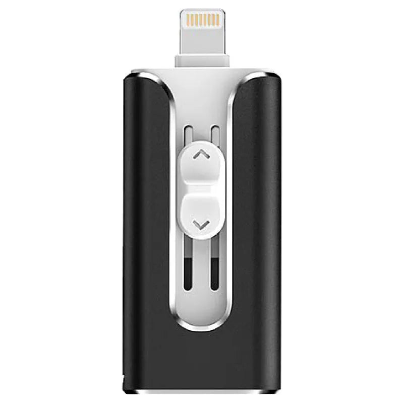 Metal USB flash drive with both USB and Lightning connectors for Android computer iPhone compatibility