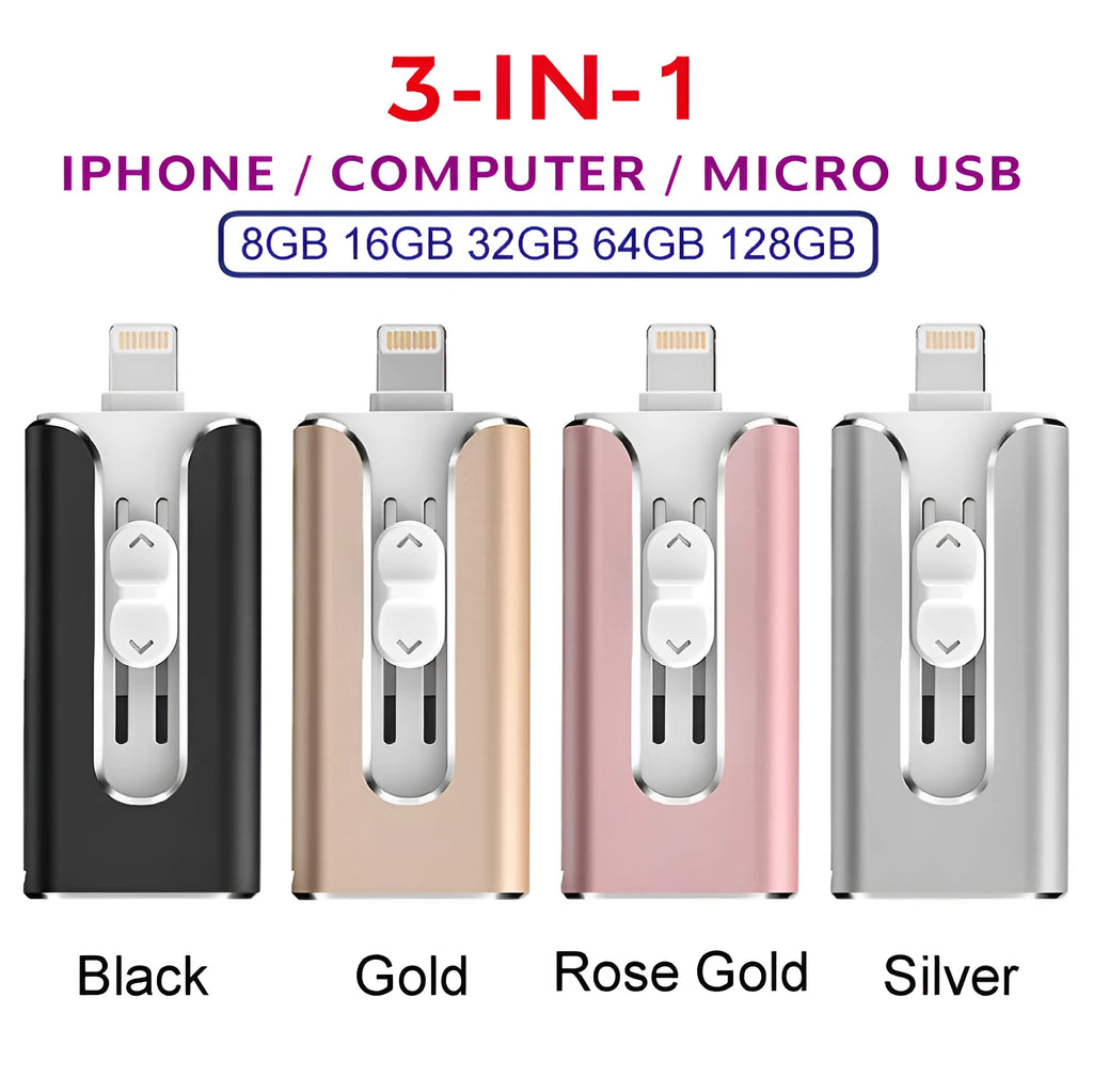Metal USB flash drive with both USB and Lightning connectors for Android computer iPhone compatibility