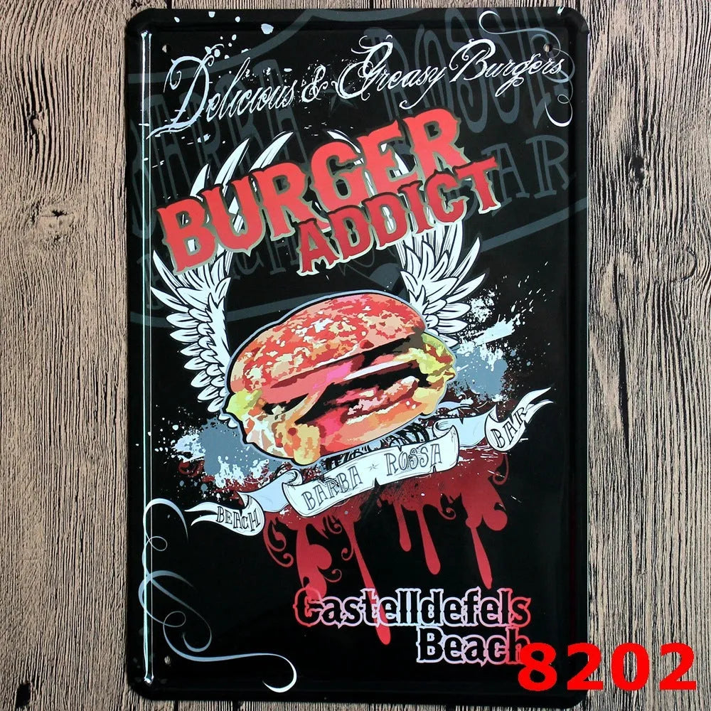 Vintage tin painting with barbecue, hamburger and beer retro artwork on iron metal